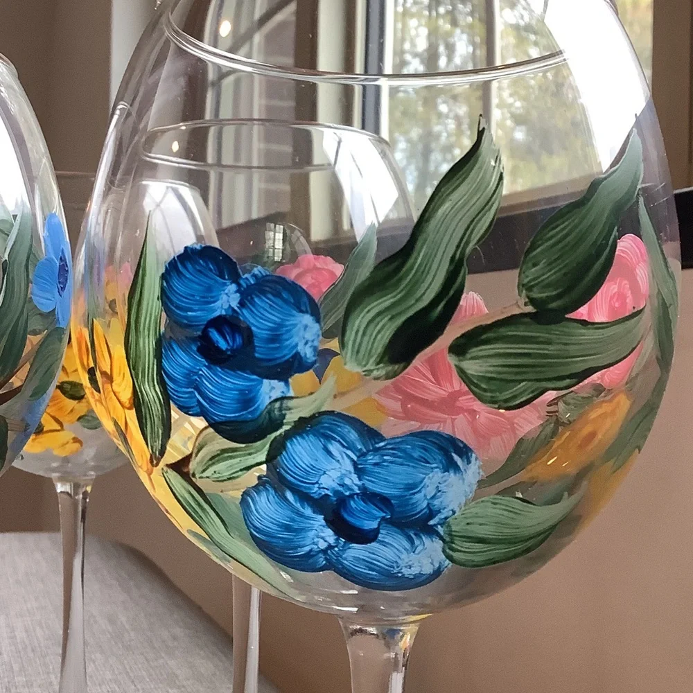 Floral Hand-Painted Wine Glasses Set of 6